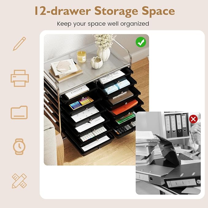 COSTWAY 12-Drawer Rolling Storage Cart, Utility Storage Organizer Cart for Tools, Scrapbook, Paper, Craft, Multipurpose Art Supply Organizer on Wheels for Home Office School, Teacher, Black
