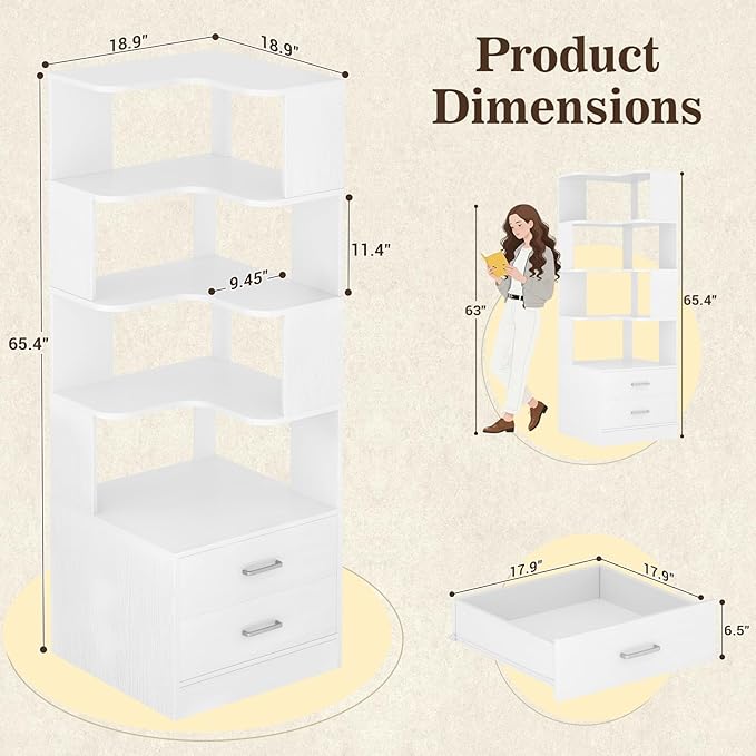 Armocity Corner Bookshelf with Drawers, 7 Tier Corner Book Shelf Display Bookcase, Freestanding L Shaped Bookshelf for Bedroom, Home Office, White