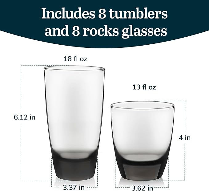Libbey Classic Rocks and Tumbler Glass Cups Set, Elegant Mixed Drink Glasses Set with Modern Clean Lines, Dishwasher Safe Drinkware Set of 16