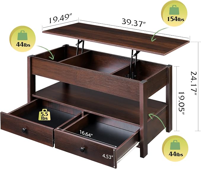 WLIVE Coffee Table, Lift Top Coffee Table with 2 Drawers, Large Hidden Compartment and Open Storage Shelf, Lift Tabletop, Dining Table for Living Room, Espresso