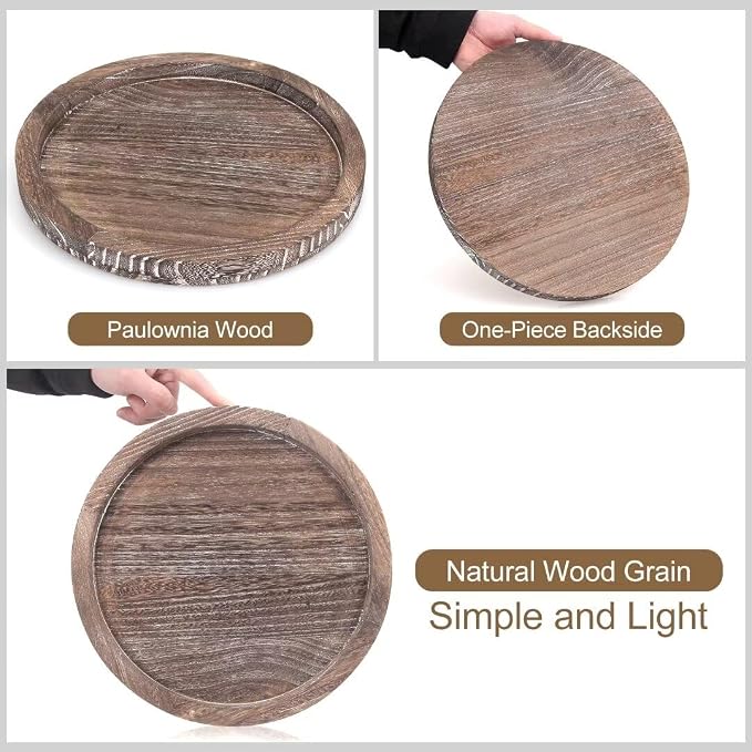 Round Decorative Wooden Serving Trays for Ottoman Coffee Table Tray Farmhouse Kitchen Home Decor Accents Circle Circular Wood Decorations Trays Rustic Dining Table Centerpiece Candle Holder Tray