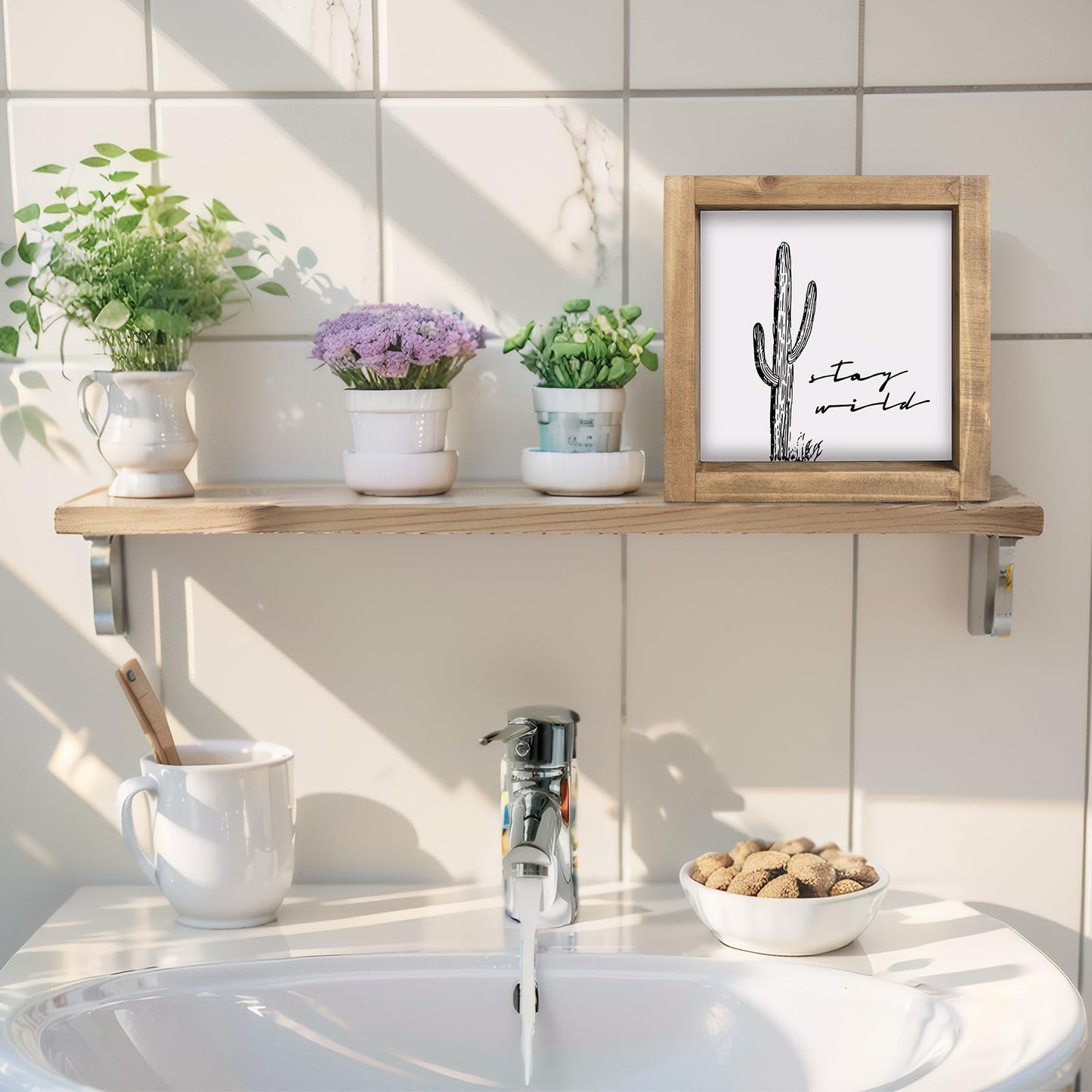 flangairy Western Wall Decor, Cactus Wall Art, Wood Southwest Desert Sign, Southwestern Living Room Aztec Home Farmhouse Table Desk Shelf Boho Decorations