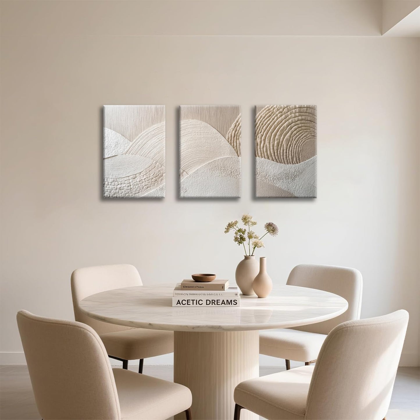 skysoon 3 Panels Neutral Abstract Wall Art, Minimalist Textured Canvas Wrapped Wall Decor, Beige Modern Boho Nordic Artwork for Living Room Bedroom Office 12x16 Inch