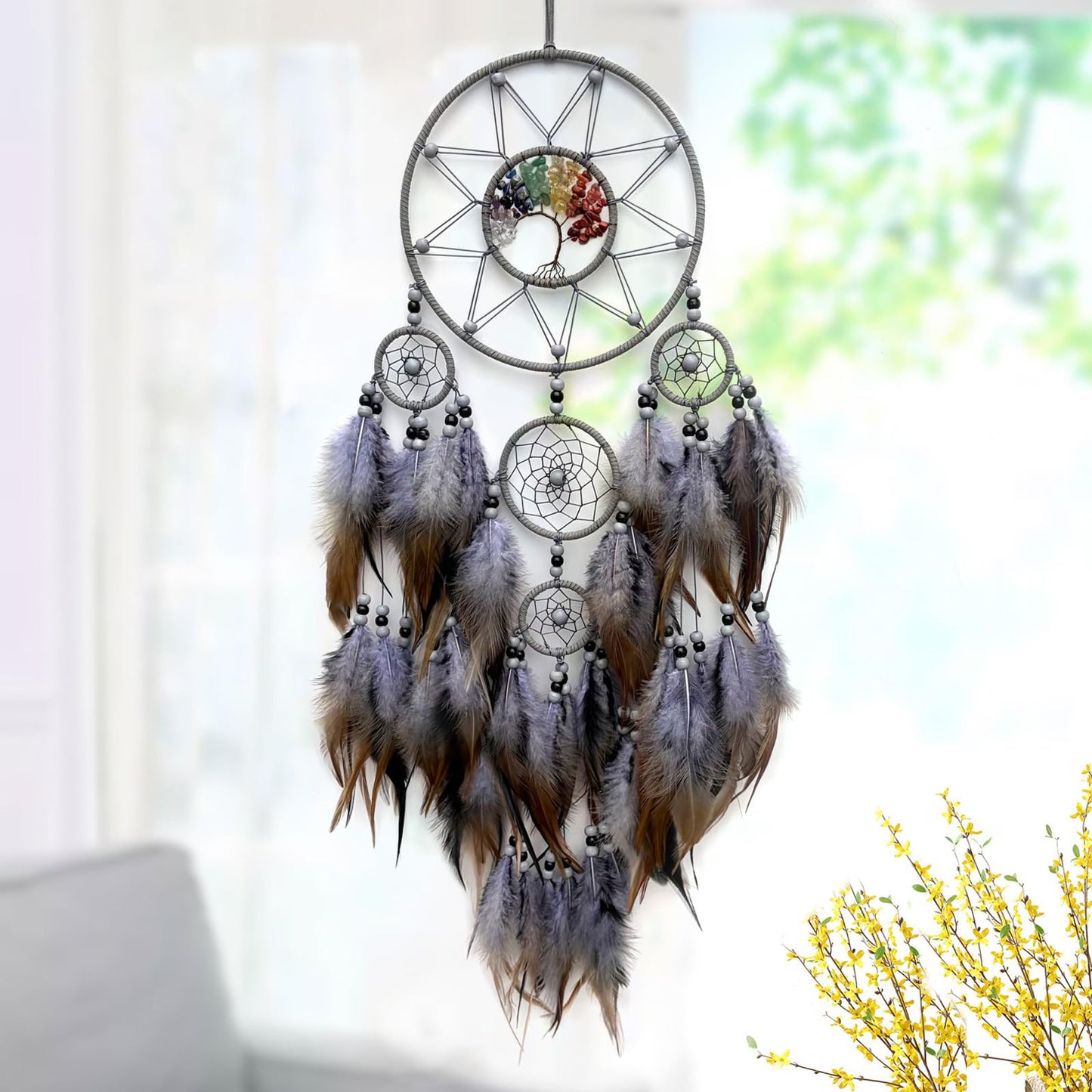 RAGKUU Grey Large Dream Catcher Wall Decor Crystal Tree of Life Dream Catchers Handmade Feather Dreamcatcher Wall Hanging Ornament for Bedroom Living Room Home Decor