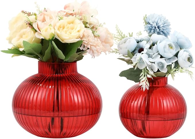 Red Glass Vases for Tulips, Set of 2, Flower Vases for Bouquet, Ribbed Glass Vase for Flowers, Short Vase for Living Room, Office, Coffee Table, Shelf, Wedding