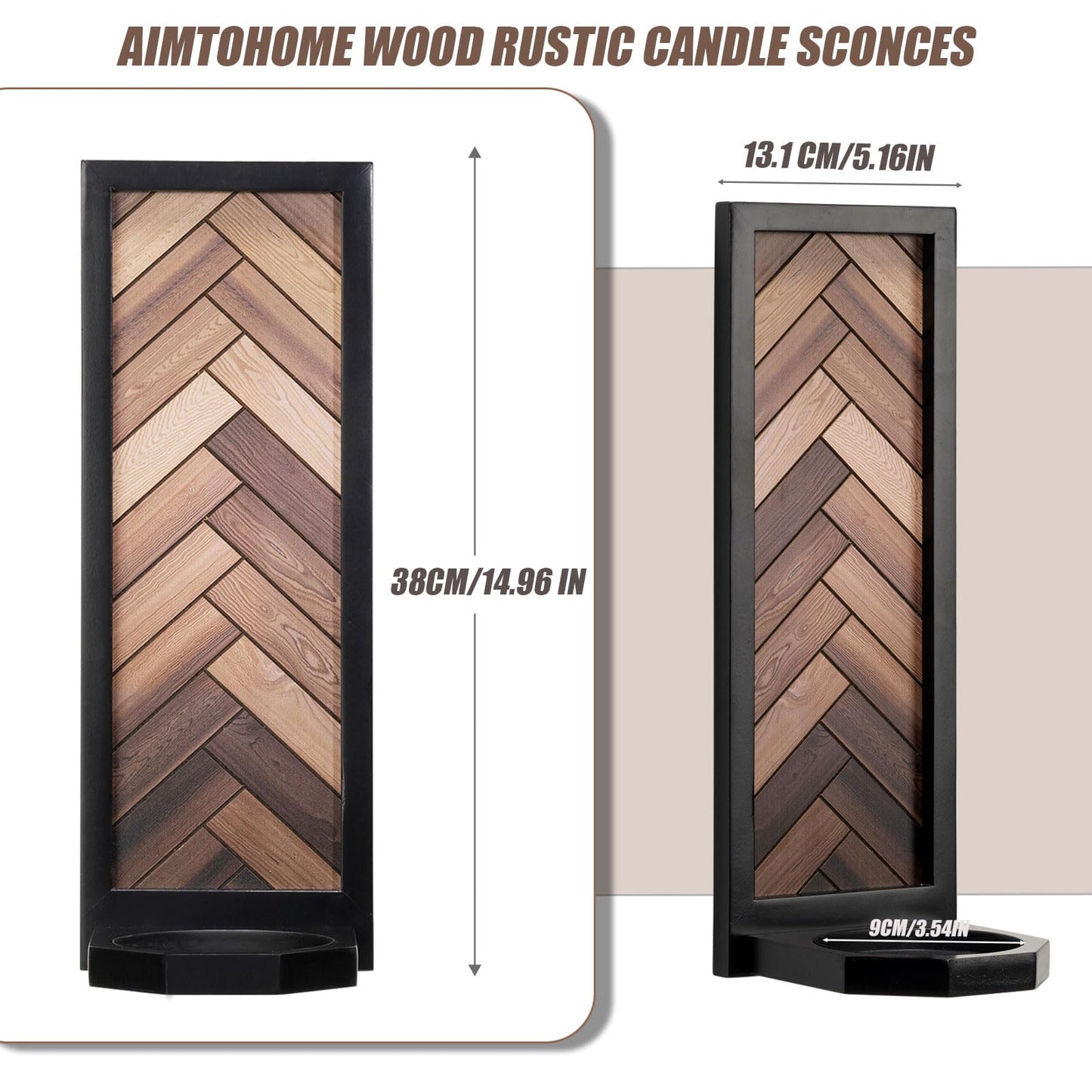 AimtoHome Herringbone Wood Candle Sconces, Set of 2 Wall-Mounted Pillar Candle Holders, Antique Classical Wooden Candleholder for Farmhouse, Living Room, Bedroom, Rustic Home Decor