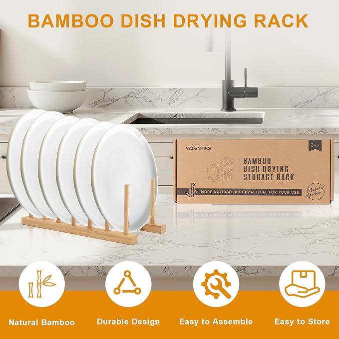 2 Pack Bamboo Dish Drying Rack, Natrual Wooden Plate Rack Holder, Kitchen Storage Organizer for Dish, Plate and Cutting Board