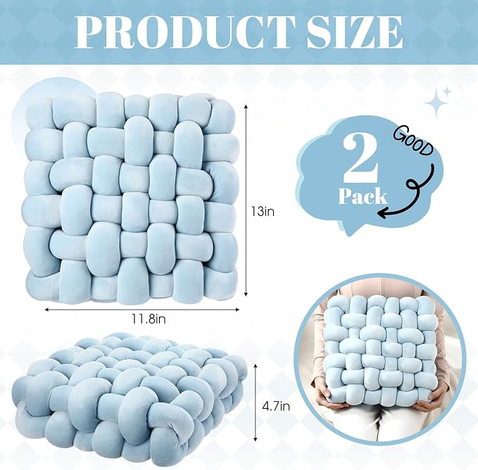 Wenqik 2 Pcs Knot Pillows Square Knotted Plush Throws Soft Accent Pillows Decoration Cushion for Couch Home Office Living Room Bedroom Bed Sofa Decor, 12'' x 13''(Ice Blue,Crystal Velvet)