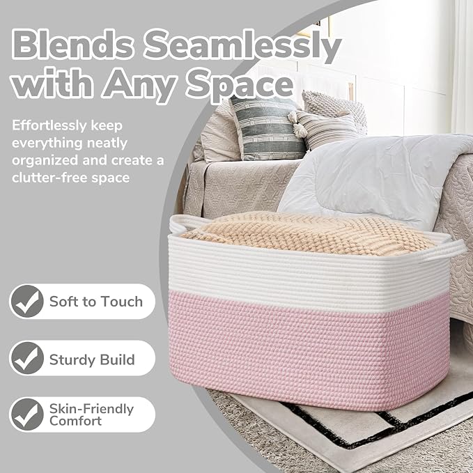 Goodpick Large Woven Blanket Basket 21.6" x 14.9" x 11.8" Storage Baskets for Organizing, Baby Laundry Hamper for Nursery Bedroom, Soft Toy Storage Baskets for Kids Girls, White & Pink