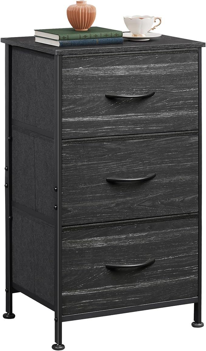 WLIVE Nightstand with 3 Drawers, Fabric Dresser, Organizer Unit, Storage Dresser for Bedroom, Hallway, Entryway, Closets, Steel Frame, Wood Top, Easy Pull Handle, Charcoal Black Wood Grain Print
