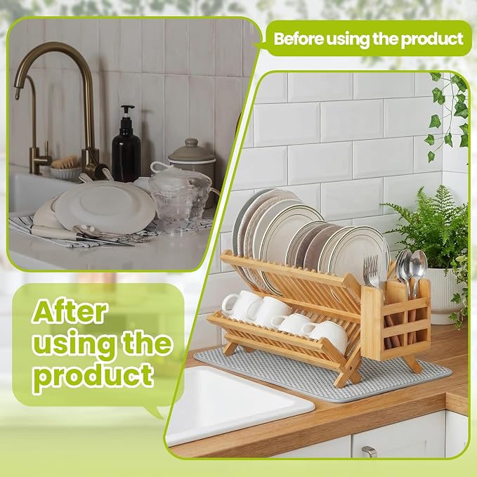 6 Pcs Plate Organizer Set for Cabinet 2 Tier Bamboo Collapsible Dish Rack with Utensil Holder Plate Holder and Mat for Kitchen Organizer Cabinet Pot Lid, Bowl, Cup, Chopsticks, Utensils