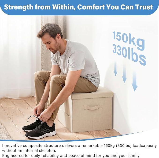 Dayacoco Storage Ottoman Foot Rest Stool, Foldable Foot Rest Stool with Thicker Foam Padded Seat, 43L Small Ottoman with Storage, Holds Up to 350lbs, 17x13x13in, Beige