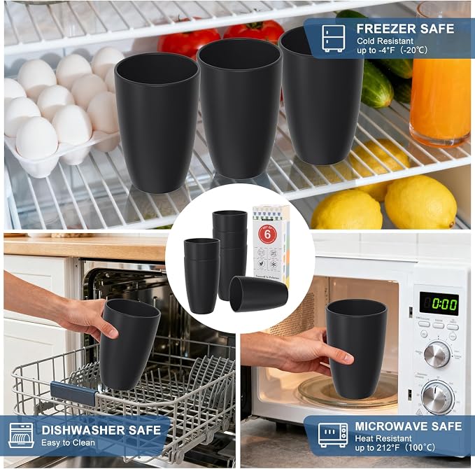 Wheat Straw Large Cup Set of 6, Unbreakable 20 OZ Tumbler, Alternative to Plastic Reusable Cups for Kitchen & Outdoor, Stackable Drinking Glasses, Dishwasher Safe Cup Set, Black