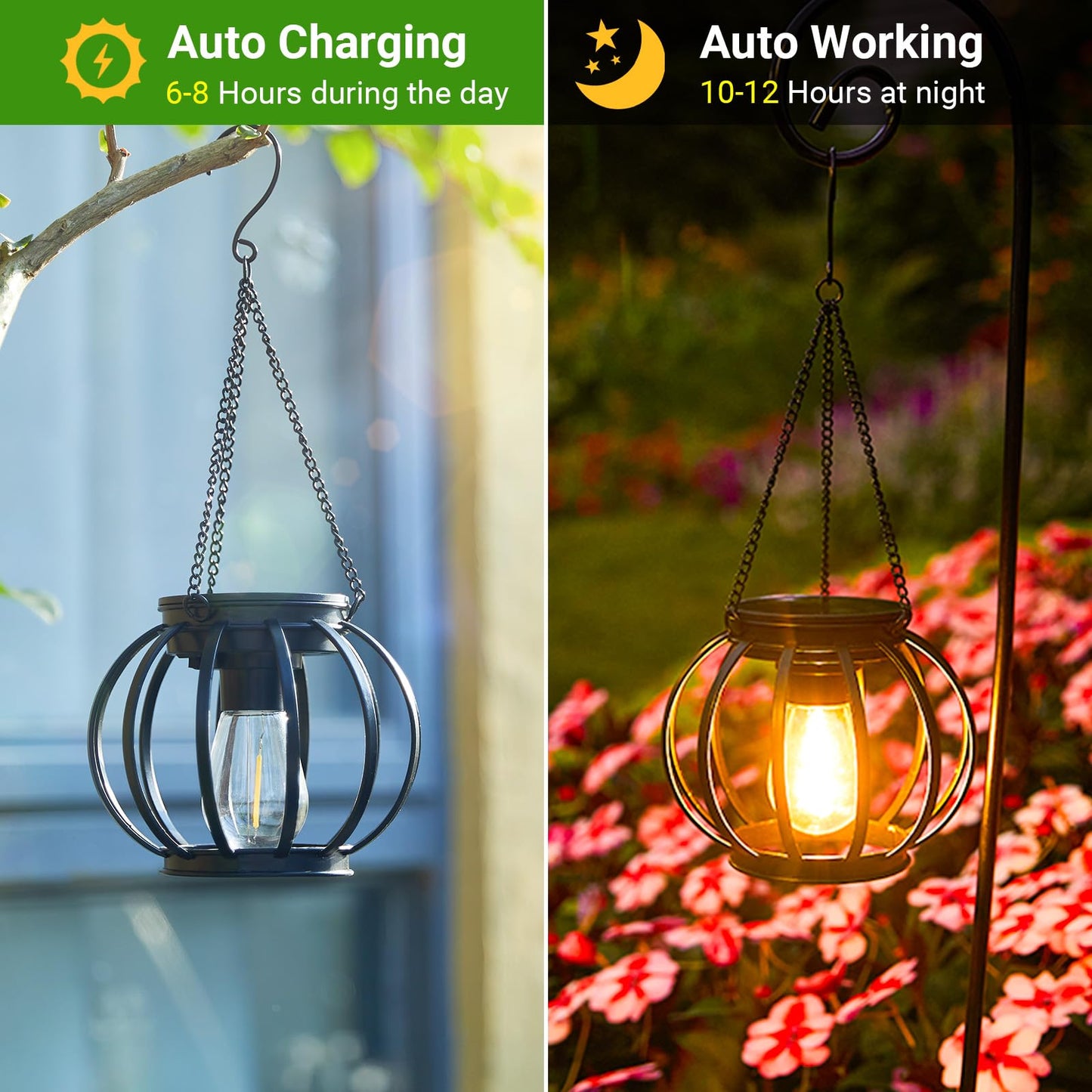 KOOPER Solar Lanterns Outdoor Waterproof, 4 Pack Upgraded Metal Hanging Solar Lights Outdoor Lanterns, Brighter Auto On/Off Outdoor Hanging Lantern for Yard Patio Pathway Porch Garden Decor