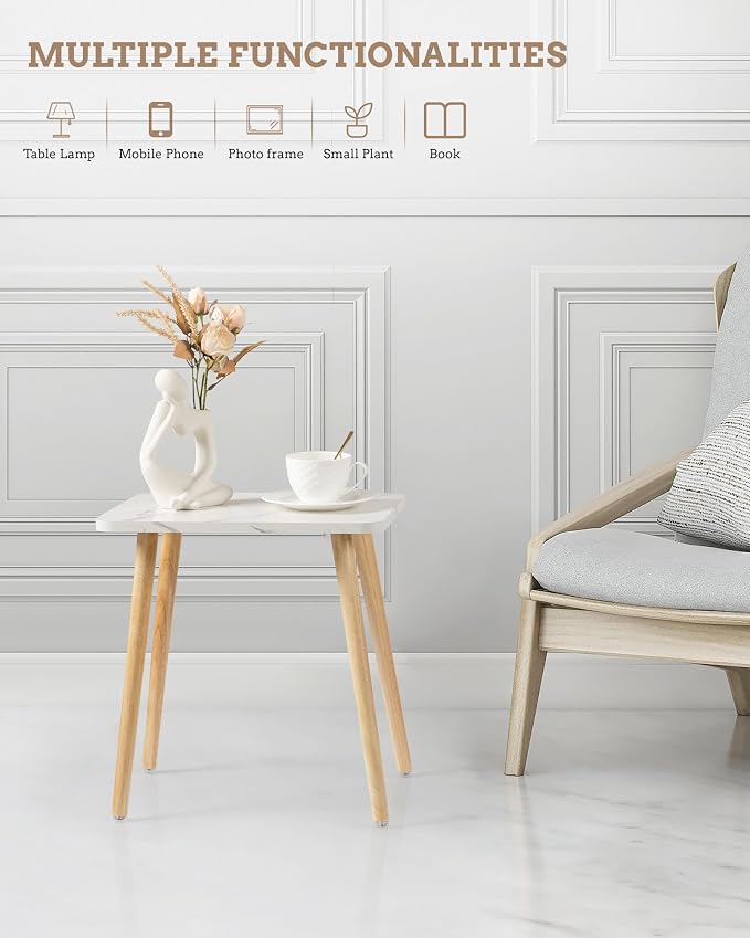 FORAOFUR Small Side Table, Set of 2 Modern Mini Coffee Table with Natural Wood Legs, Quick Assembly End Furniture for Bedroom Living Sofa, Minimalist Design for Nursery and Compact Homes, Marble