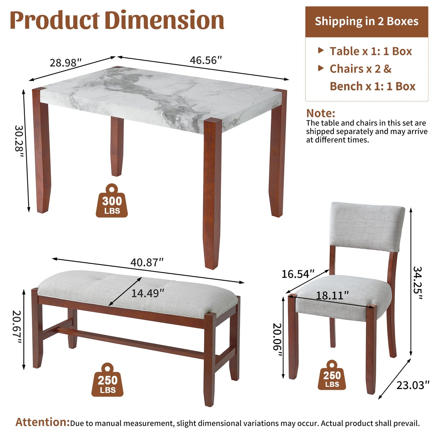 GDFStudio 4 Piece Faux Marble Dining Set with Bench, 46.6" Kitchen Table with 2 Upholstered Chairs, Rubber Wood Legs, Modern Space Saving Furniture for Dining Room, Beige