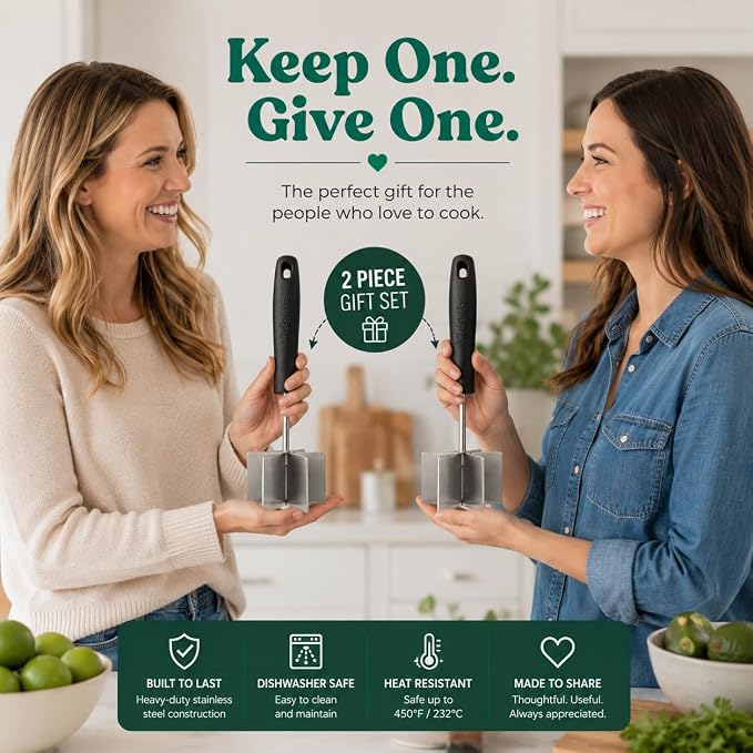 2pc Large Stainless Steel Meat Chopper, Masher & Cocktail Muddler | Dishwasher Safe | 6-Blade Chopper Tool | Oversized Ergonomic Handle | Heat Resistant Grip | 2 x 10" black