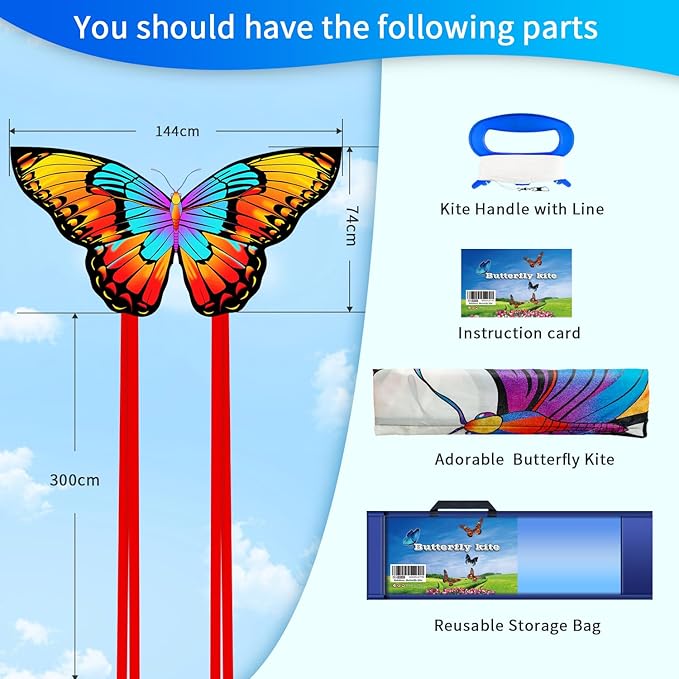 Xida Butterfly Kite for Kids & Adults, Easy to Fly, Ages 4-8, Large Kite with 300ft Handle, Perfect for Beach Trips