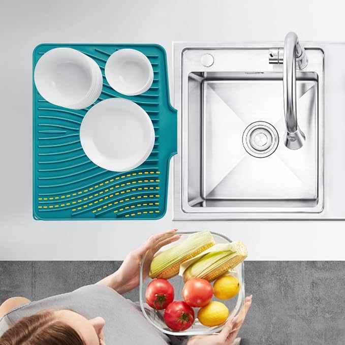 TIKNIK Silicone Dish Drying Mat for Kitchen Counter - Heat Resistant & Non-Slip Dish Drain Pad with Built-In Drain, Dishwasher Safe, Quick-Dry, Hangable & Roll-Up for Storage, Green-1pcs, 16" x 12"