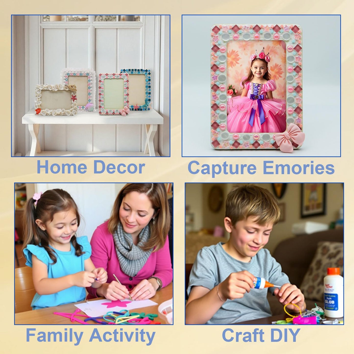 Fenzonmic DIY Photo Frame Craft Kit: Mosaic, Buttons, Stars & Bows, Customizable 4x6 Inch Wood Frame for Family Activity, Home Decor Gifts (Pink)