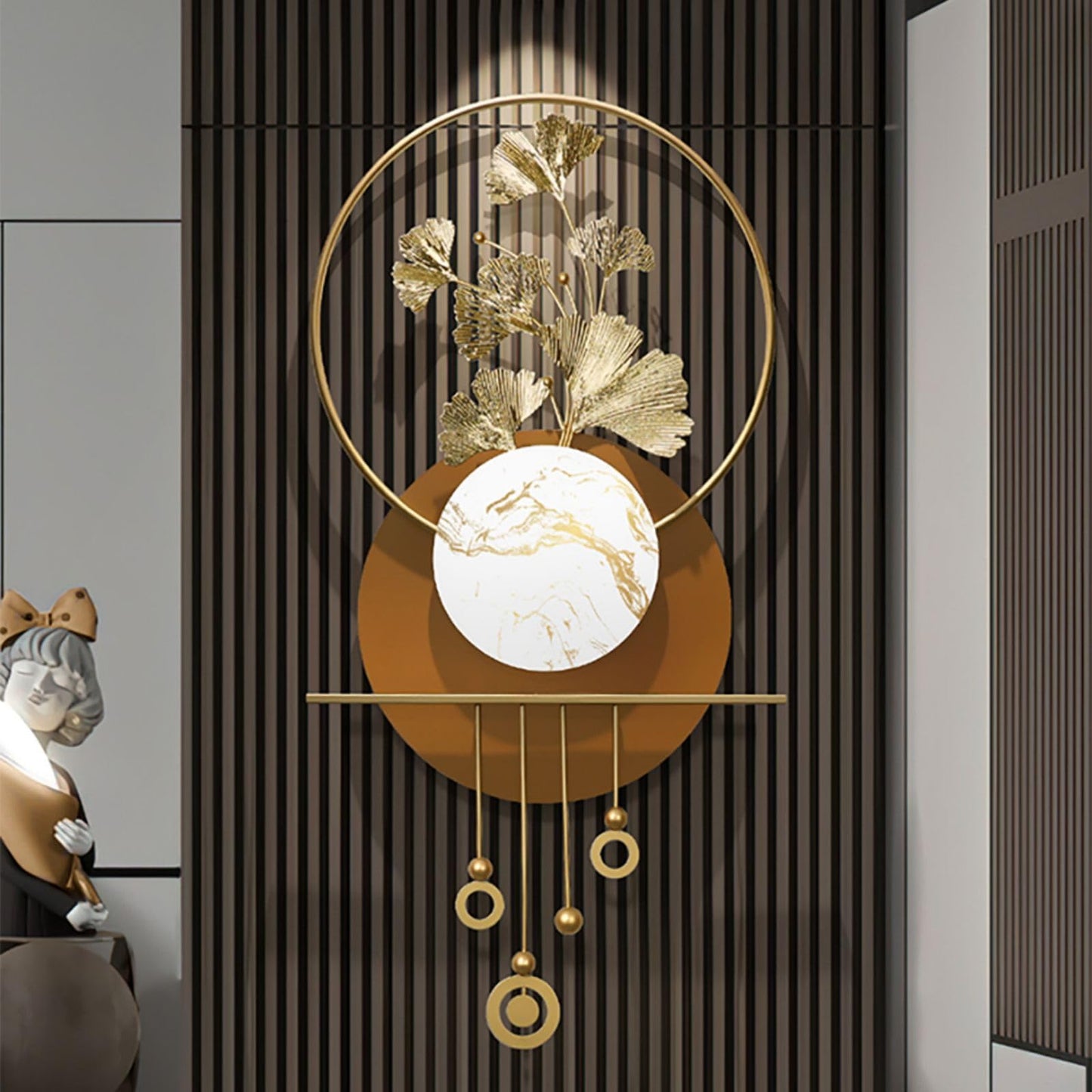 BULUXE Metal Wall Decor – 46.5" Modern 3D Ginkgo Leaf Wall Art with Gold Finish & Marble Accent, Geometric Metal Wall Sculpture
