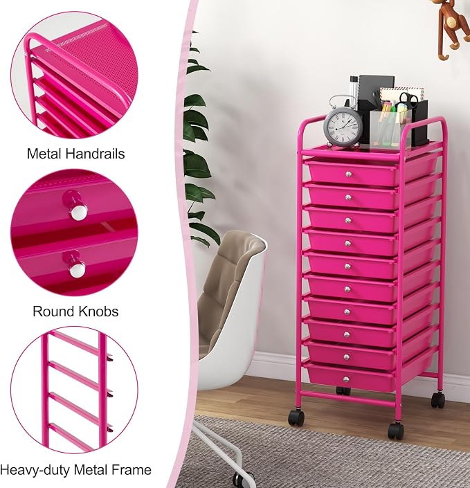 MEDIMALL 10 Drawers Rolling Storage Cart, Multipurpose Craft Storage Cart with Wheels, Mobile Tools Scrapbook Paper Organizer Cart for Office School Home Use