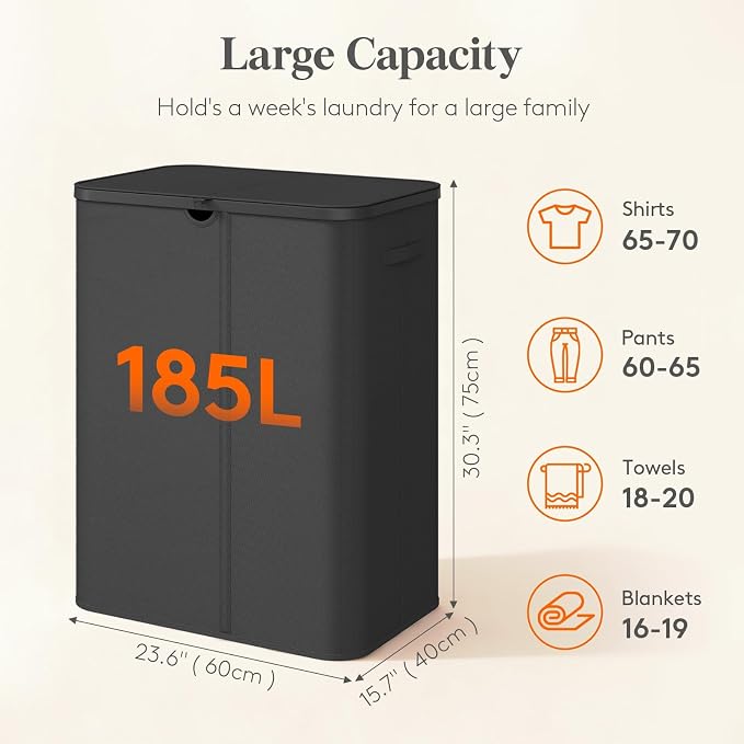 Lifewit 185L 3 Section Laundry Hamper with Lid, Large Laundry Basket with Handles and Removable Bags, Tall Clothes Hamper, Foldable Laundry Sorter for Bedroom Bathroom, Black