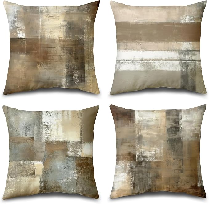 Brown Tan and Gray Throw Pillow Covers,Set of 4 16X16 Inch Taupe Modern Art Abstract Painting Home Decor Couch Pillow Covers Neutral Decorative for Sofa Bedroom Living Room