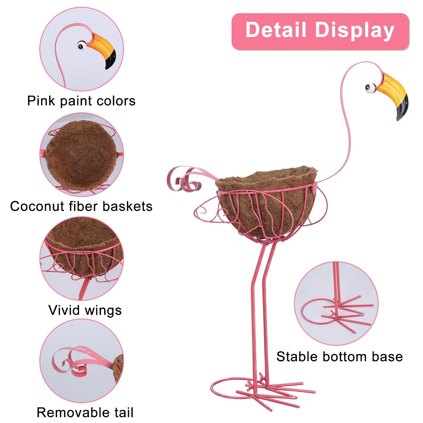 hogardeck Garden Decor for Outside, Set of 2 Pink Flamingo Planters with Basket, Metal Standing Flamingo Plant Pots Yard Art for Home Indoor Outdoor Garden Porch Lawn Patio Pool