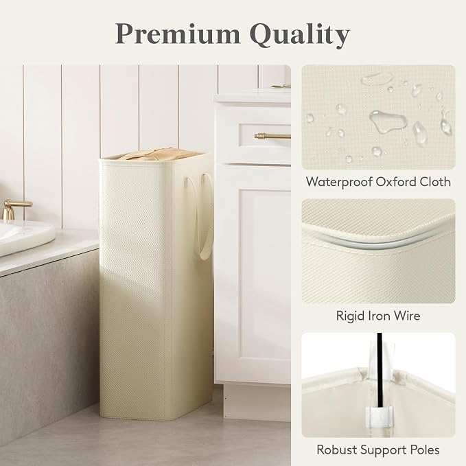 Lifewit Slim Laundry Hamper, Narrow Small Laundry Basket with Handle for Dirty Clothes, Collapsible Tall Thin Laundry Bin for Bathroom Bedroom Dorm College, 65L, White