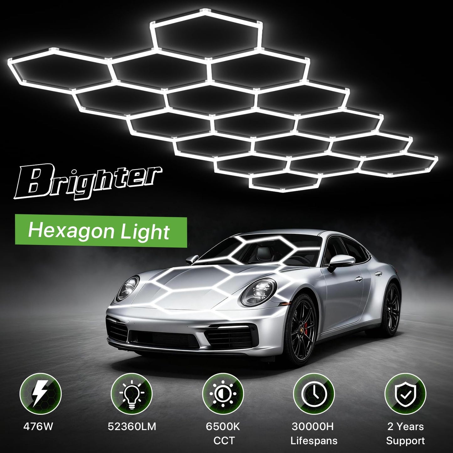 Glitgate Hexagon Garage Lights, Car Detailing & Gym, 476W 52360LM LED Shop Light, 6500K Hexagon Ceiling Light Grid, Modern LED Ceiling Light for Showroom Barber Shop