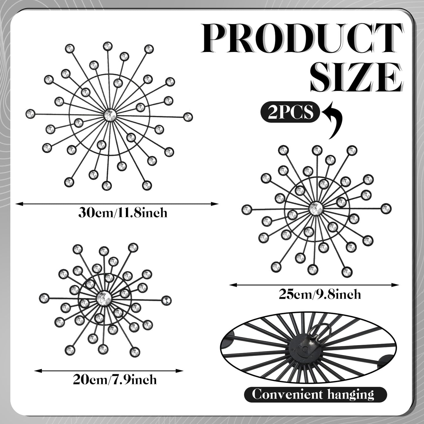 Blulu 4 Pcs Metal Wall Decor Bling Crystal Wall Art Cast Iron Rhinestones Sunburst Decor Starburst Art Hanging Diamond Accents Home Decorative for Living Room Bedroom Entryway(Black)
