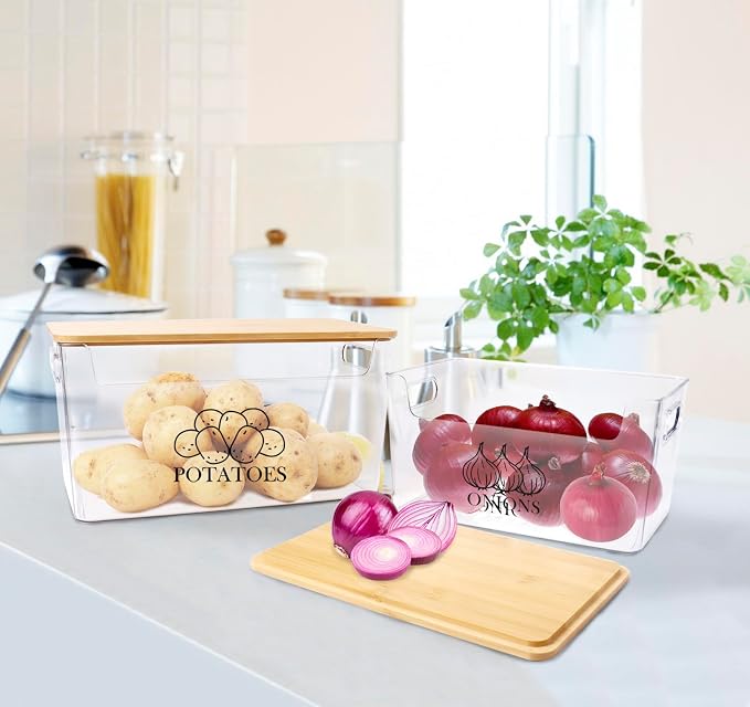 Potato & Onion Storage, Bamboo Lid, Transparent Acrylic Bin, 2 Set Stackable, Pantry & Kitchen Organizer