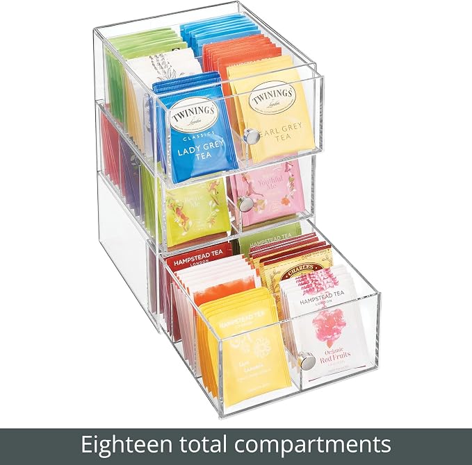 mDesign Plastic Wide Kitchen Pantry, Cabinet, Countertop Organizer Storage Station with 3 Drawers for Coffee, Tea, Sugar Packets, Sweeteners, Creamers, Drink Pods, Packets; 18 Sections - Clear