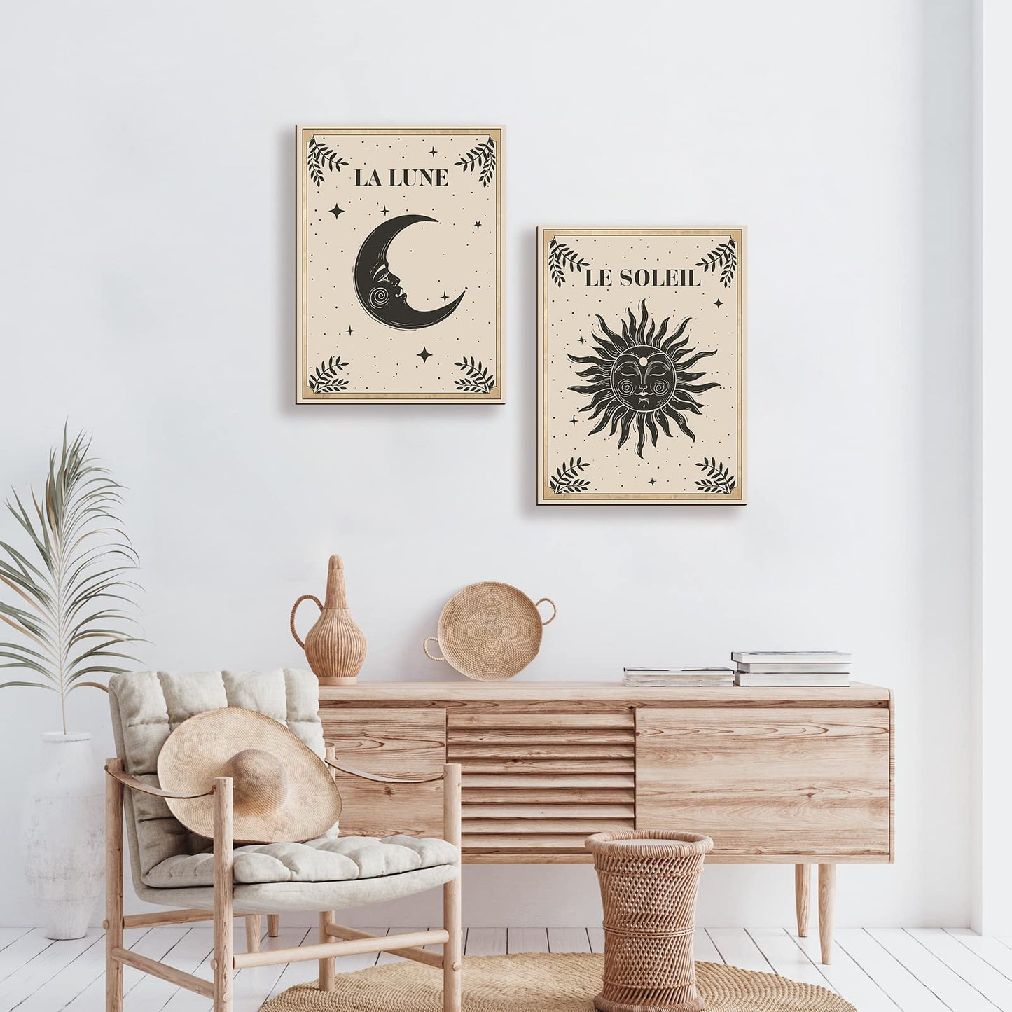 Geetery 2 Pcs Sun and Moon Celestial Wall Art Wood Tarot Cards Boho Witchy Wall Decor Hanging Mystic Astrology Decoration for Home Bedroom Living Room Gallery No Frame