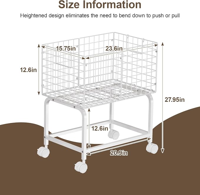 Rolling Laundry Basket with Wheels,80L Wire Laundry Cart with Pull Handle,White High Laundry Basket Cart for Laundry Room,Bathroom,Bedroom-White(23.6 * 15.75 * 28inch)
