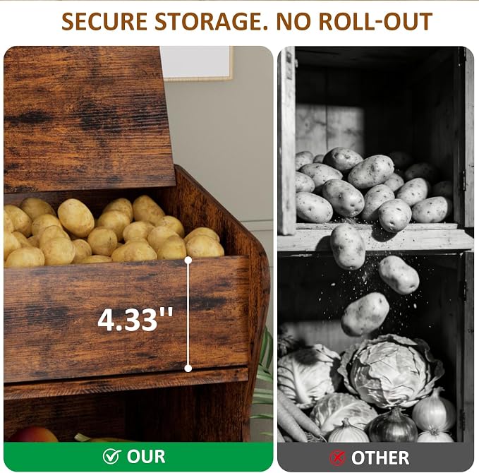 Potato and Onion Storage Bin with Lid, Root Vegetable Storage Rustic Bread Box for Kitchen Pantry, Wooden Bread Cabinet Fruit Storage Rack,Brown