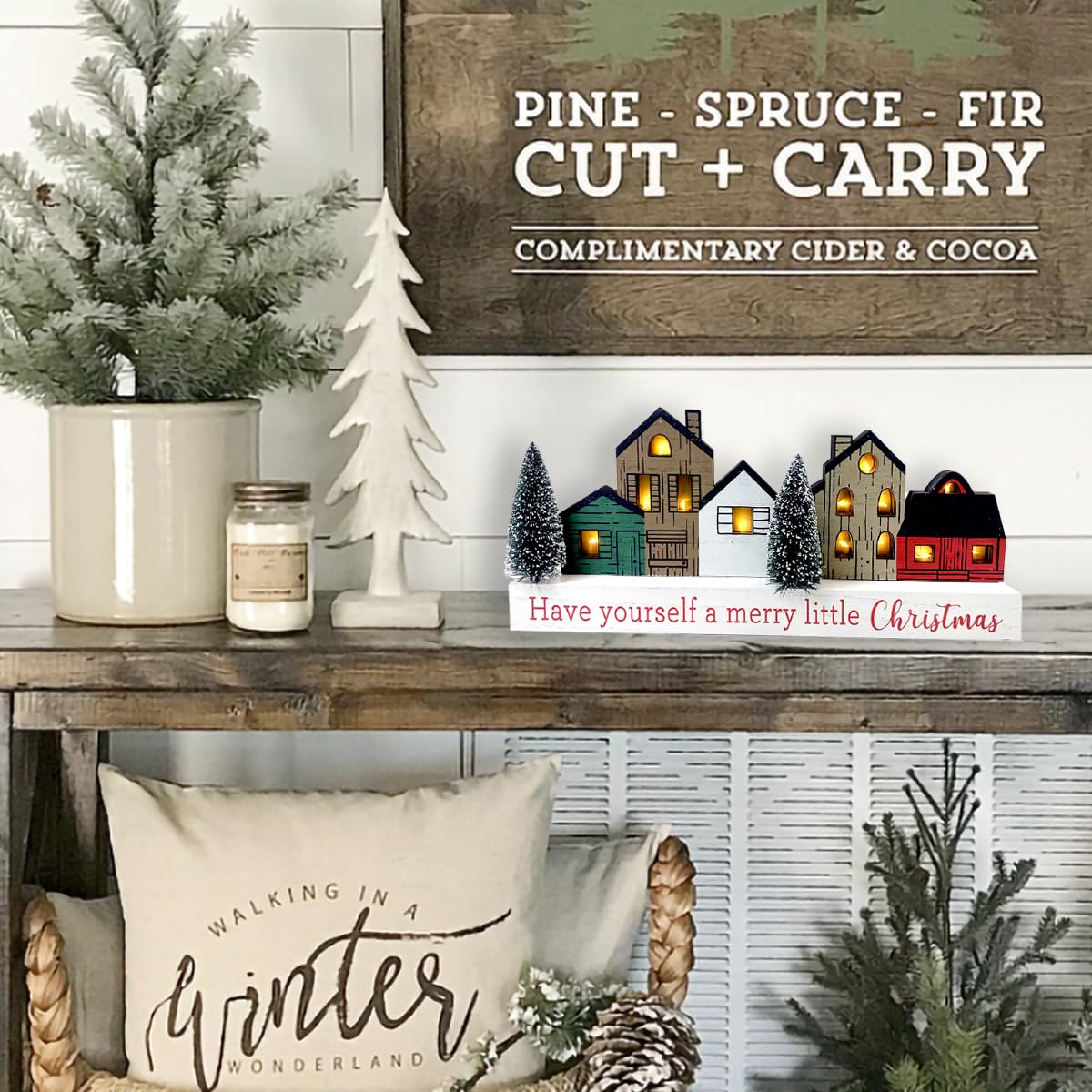 Christmas Decorations for Home Led Lighted Merry Christmas Tree Decor with Timer Wooden Rustic Farmhouse Tabletop Block Xmas Party Holiday Signs