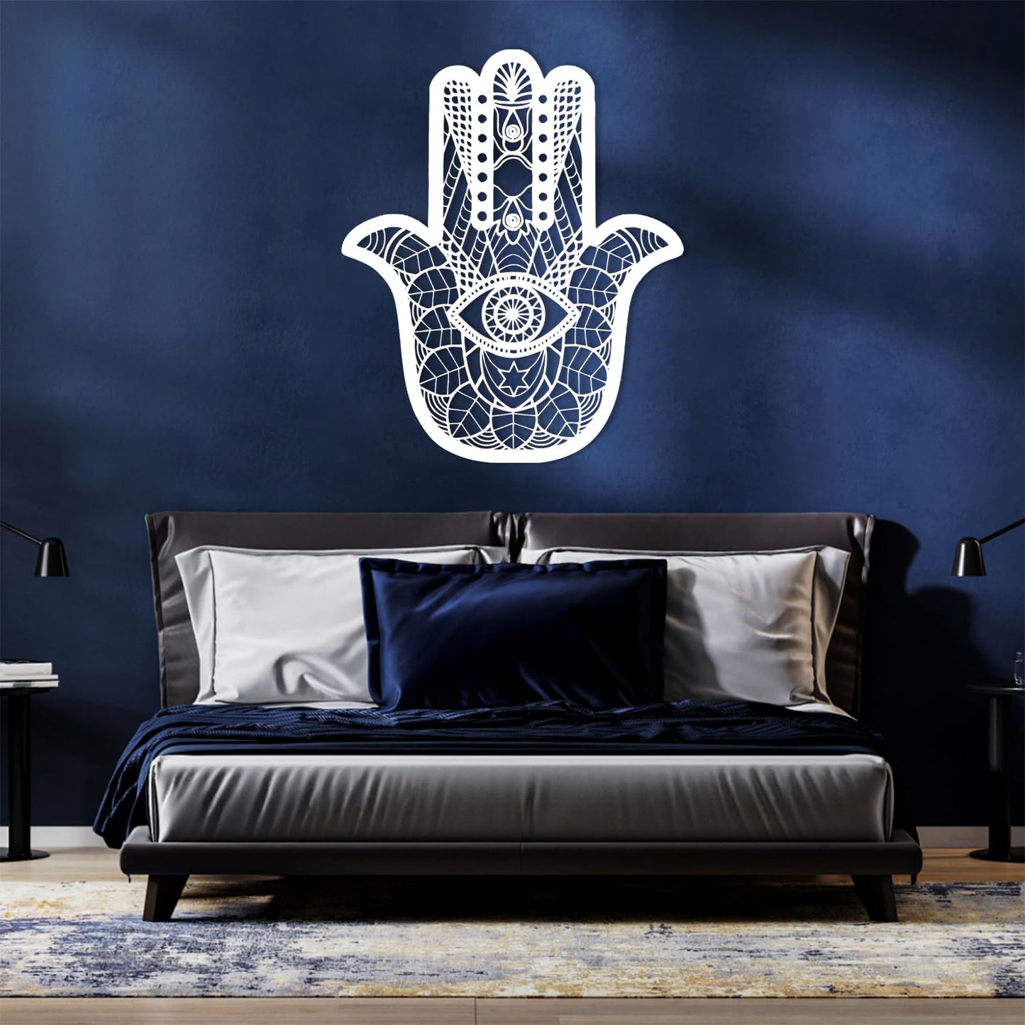 Hamsa Metal Wall Art, Hamsa Hand Wall Art, Hamsa Sacred Geometry Wood Wall Art, Extra Large Wall Decor, Boho Wall Art, Evil Eye Art, Metal Wall Art for Living Room, Housewarming Gift (White, 48 x 39 inch / 121 x 100 cm)