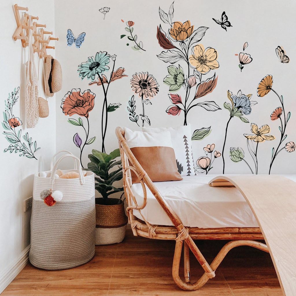 Runtoo Boho Flower Wall Decals Simple Wildflower Floral Wall Stickers for Girls Bedroom Nursery Home Decor