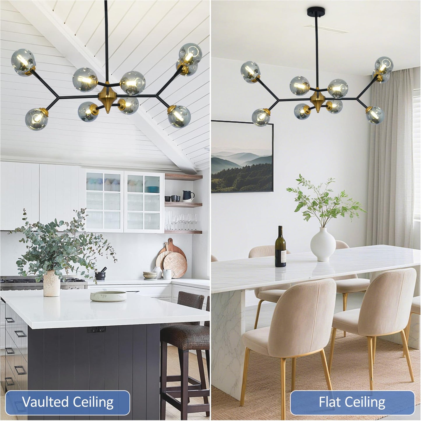 Depuley Glass Globe Sputnik Chandelier: 10-Light Modern Matte Black and Gold Ceiling Light Fixture - Vintage Hanging Chandeliers for Living Room Kitchen Dining Room Bedroom (Included G9 Bulbs)