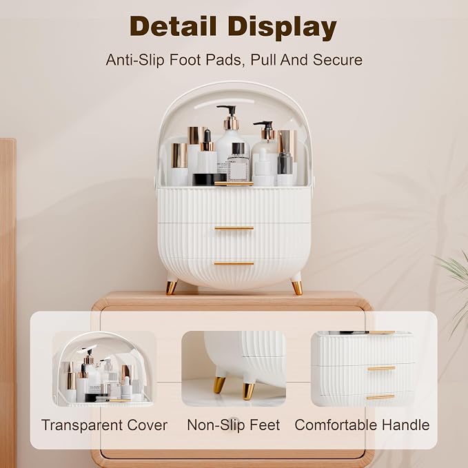 lurcns Makeup Organizers and Storage Make up Organizer for Vanity Cosmetics Skincare With Lid and Drawers Display Cases for Countertop Bathroom Women Teenager Girl Gifts(White+Brush Holder)