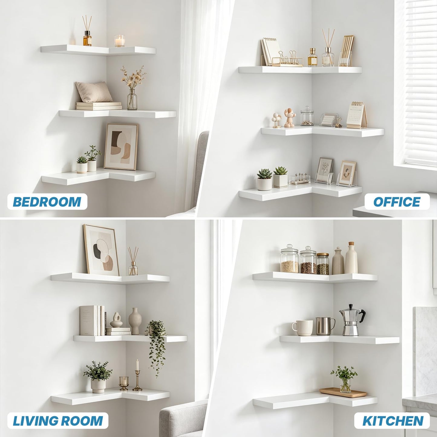 NATURE'S SOURCE Floating Corner Shelves with Invisible Brackets Set of 3, Corner Shelves Wall Mounted, for Home Bedroom Bathroom Kitchen Living Room Office- 16.1" x 11.5" (Pure White)