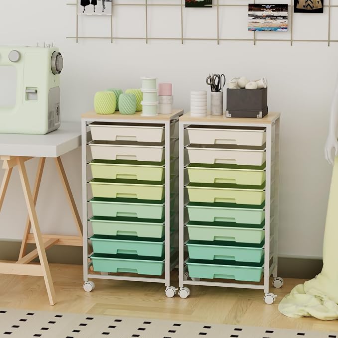 Rolling Storage Cart with 8 Drawers & Wooden Tabletop, Utility Cart On Wheels for Craft Storage, Home, School, Bedroom, Living Room, Dorm, Office, Classroom Storage Organizer Cart, Green, White