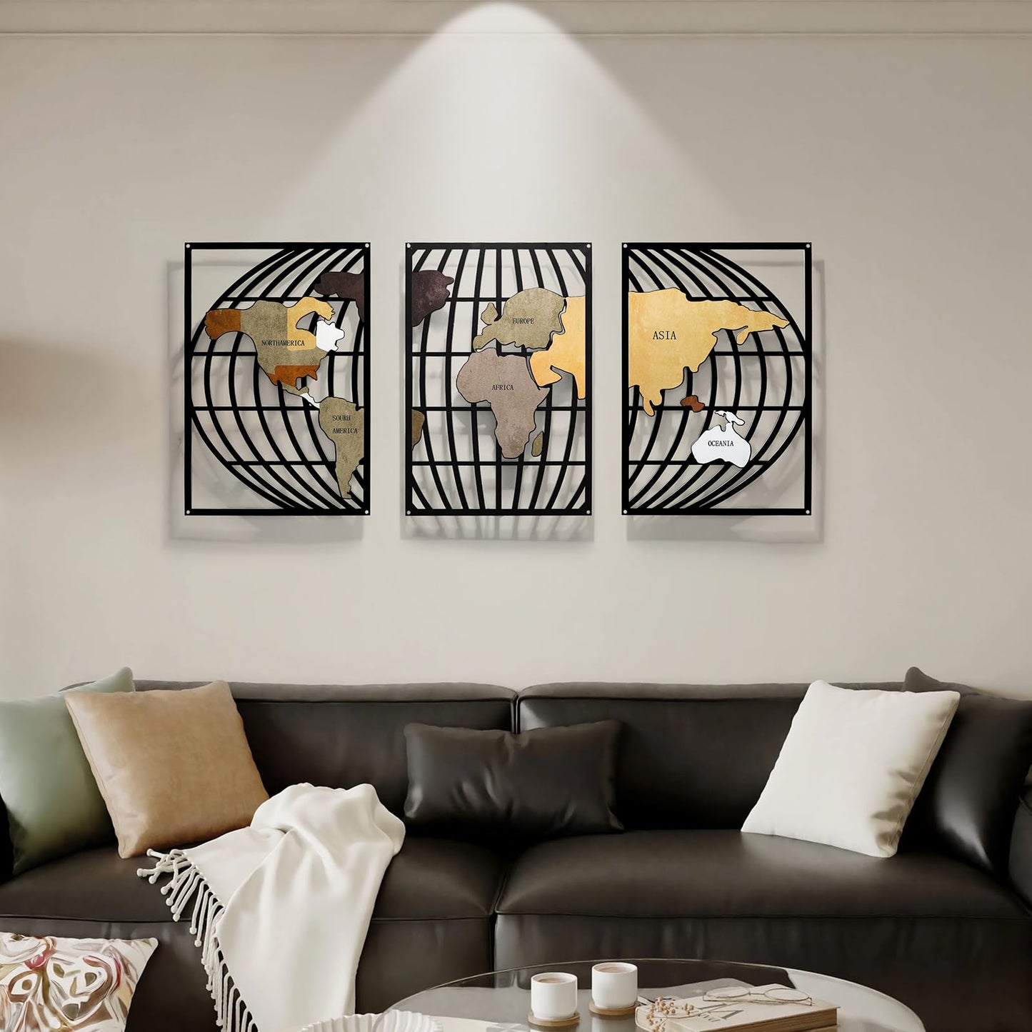 FIXNEO Metal Wall Art 3 Piece World Map Wall Art for Living Room Modern Globe Pictures Design Decor for Living Room Home Bathroom Office (World Map, 31.8"*15.74")