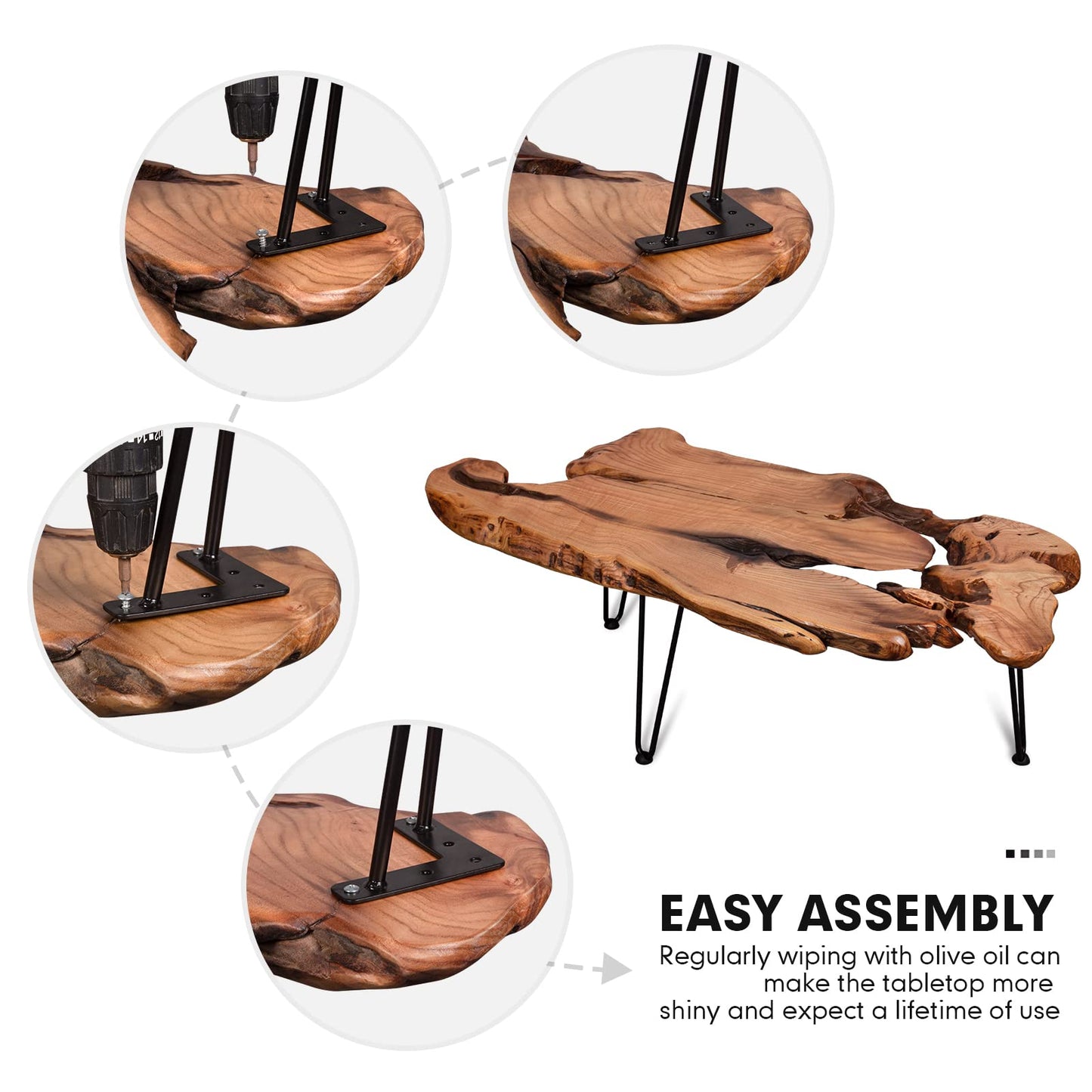 BTEOBFY Handcrafted Edge Coffee Table | Natural Wood with Unique Organic Shape | Metal Hairpin Legs for Living Room, Side Table & Boho Decor,Clear Lacquer Finish