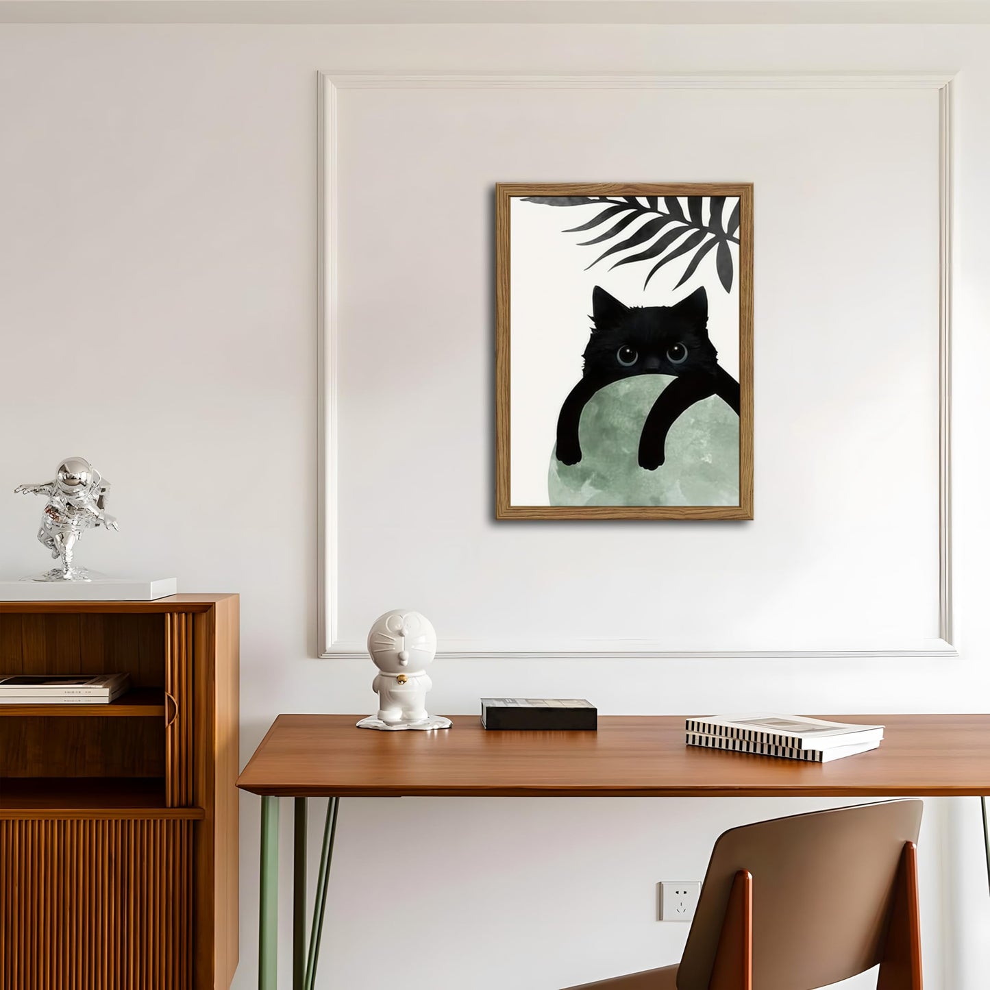 Framed Sage Green Cat Wall Art Set of 3, Natural OAK Wood Frame Boho Cute Black Cat Wall Decor Paintings, Minimalist Animal Aesthetic Canvas Posters Prints for Living Room Bedroom Bathroom 12x16In