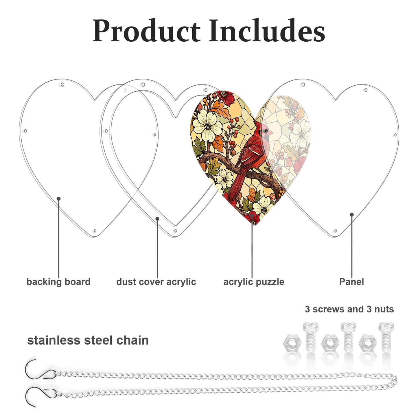 UNIQGIFTS Acrylic Puzzle Suncatcher, Cardinal Heart Sun Catchers Puzzle for Window Hanging, DIY Craft Puzzles for Adults, Ideal Gift for Women, Men, Wife, Mom, Home & Garden Decor, 7.4 in