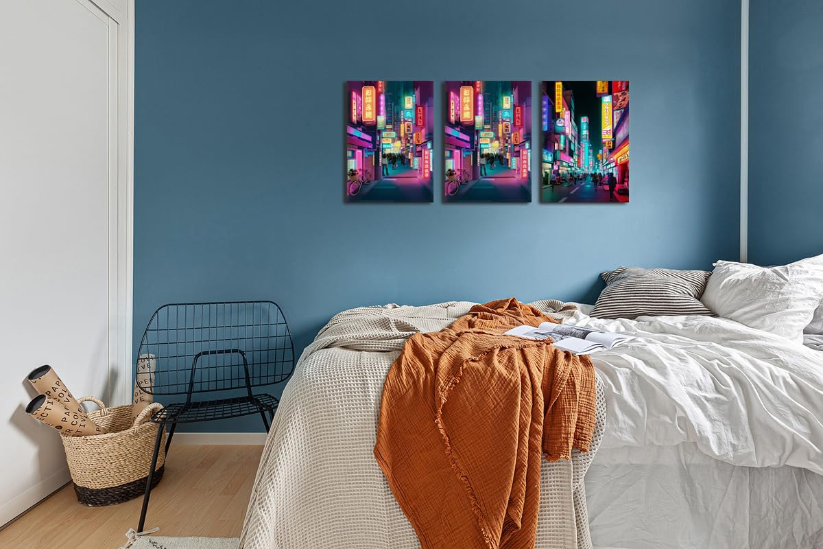 Anime Posters Japanese Wall Art Framed 3 Pieces Tokyo Neon Streets Night Japan City Wall Decor Poster for Living Room Bedroom Bathroom Japanese Room Decor Stretched Ready to Hang
