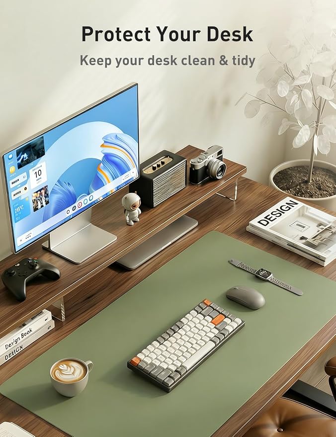 Aothia Faux Leather Desk Mat - Non-Slip PU Leather Desk Blotter, Waterproof Writing Surface, Large Desk Pad for Office & Home (Olive Green, 55" x 17")